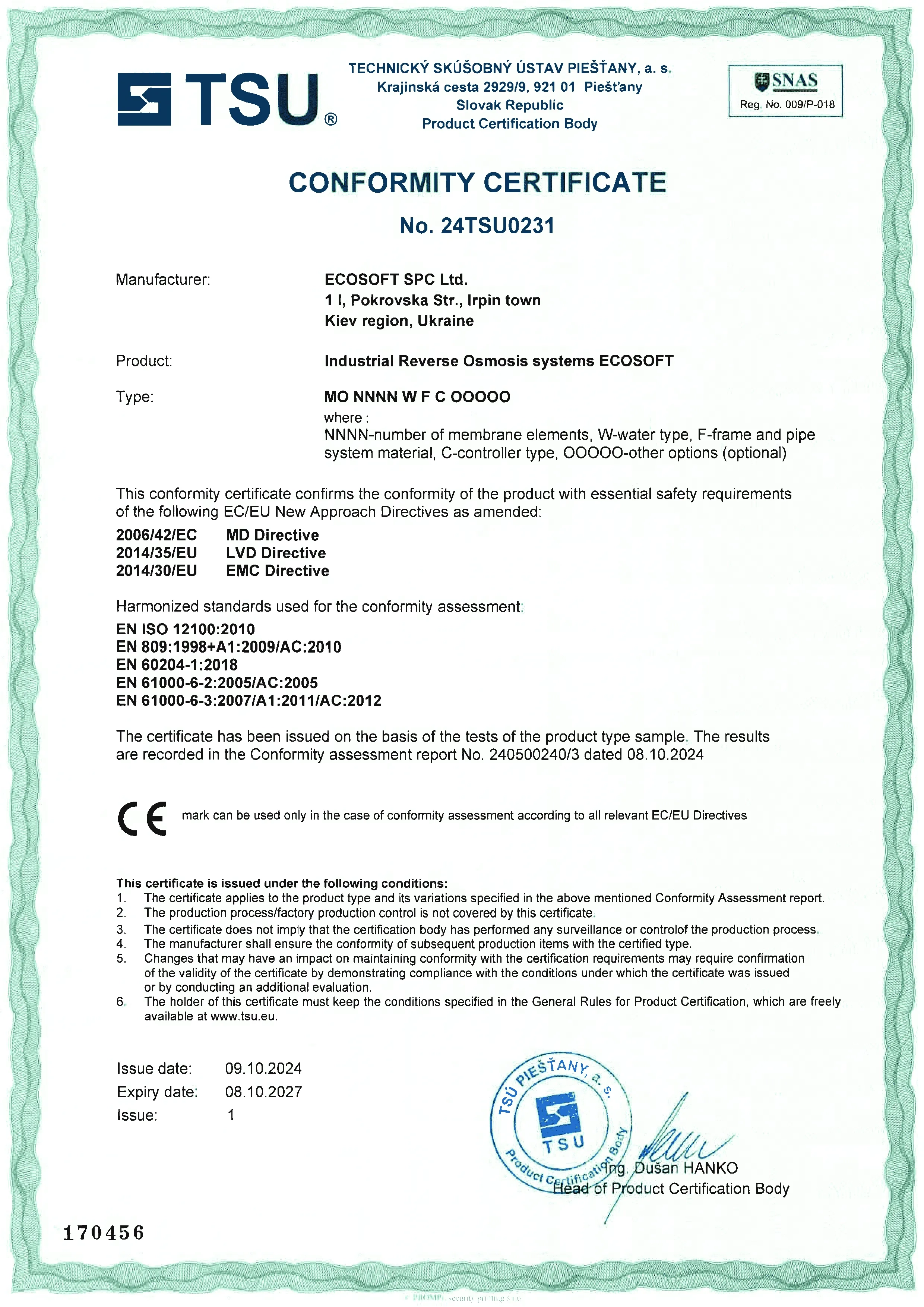 Certificates of the European company producing water purification